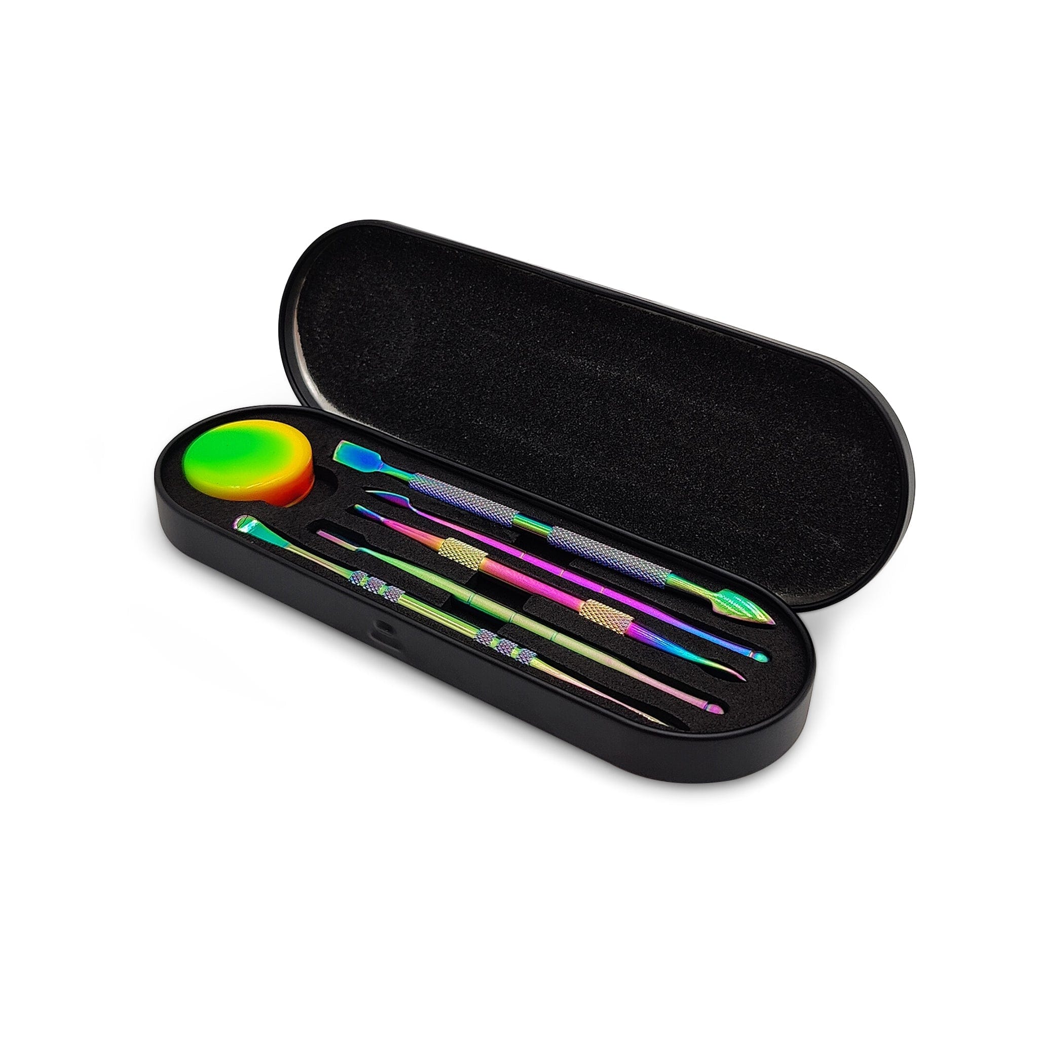 Top-down view of the open High Society  Dabber's 5 Piece Tool Kit w/ Silicone Oil Jar, displaying the tools neatly arranged inside the black case.
