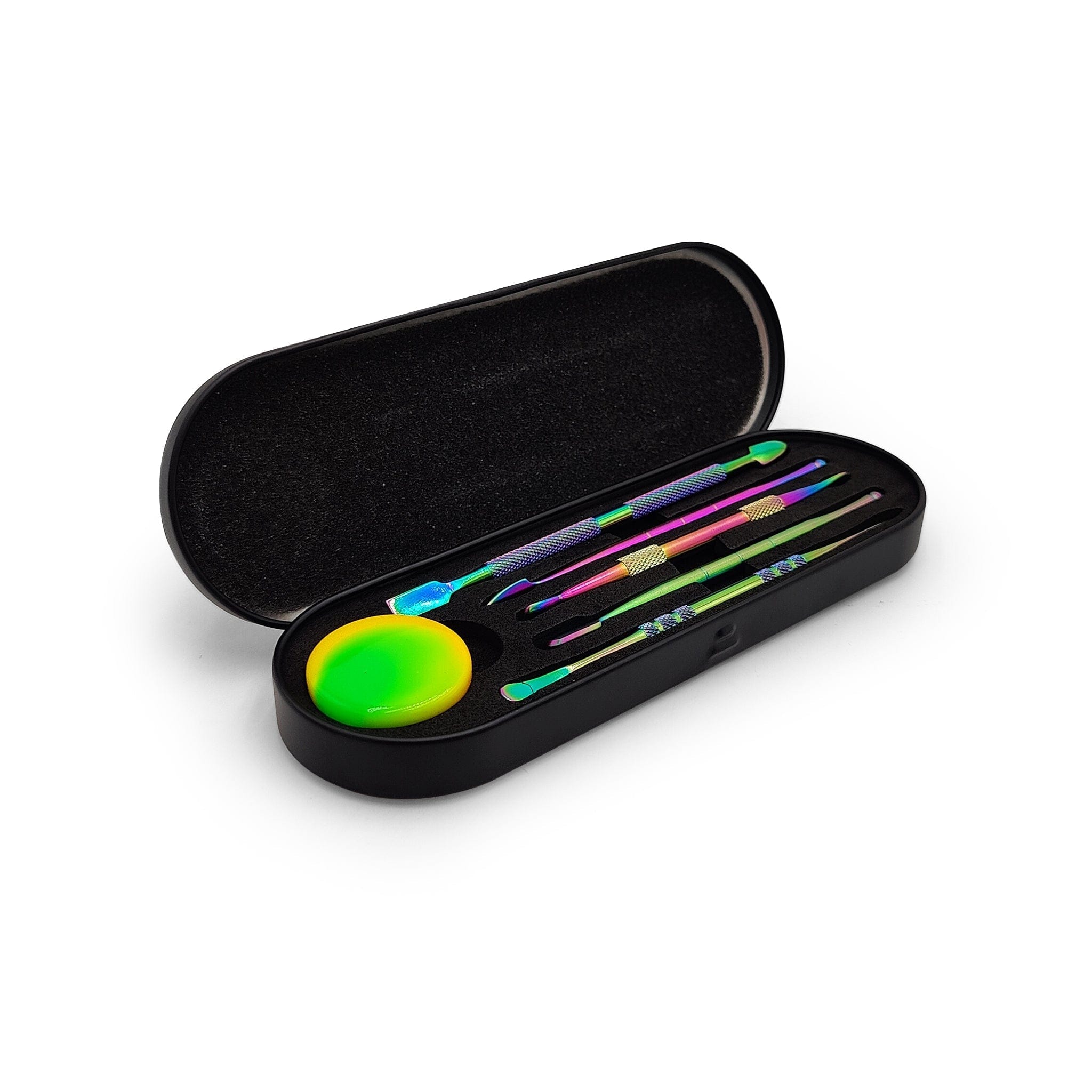An open view of the High Society  Dabber's 5 Piece Tool Kit w/ Silicone Oil Jar, displaying its metallic tools and small silicone container.