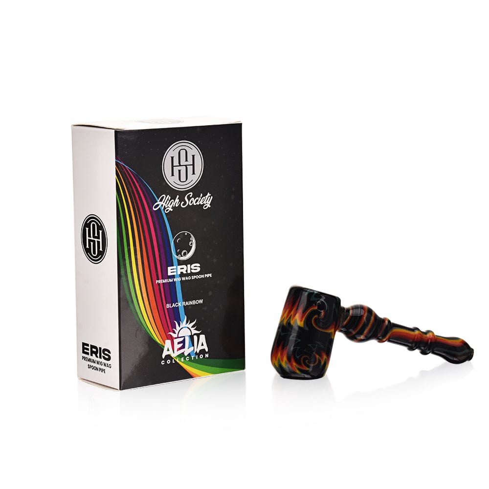 A studio shot of the High Society  Eris Premium Wig Wag Bubbler (Black Rainbow V1) with a striking iridescent finish, angled for a detailed view.