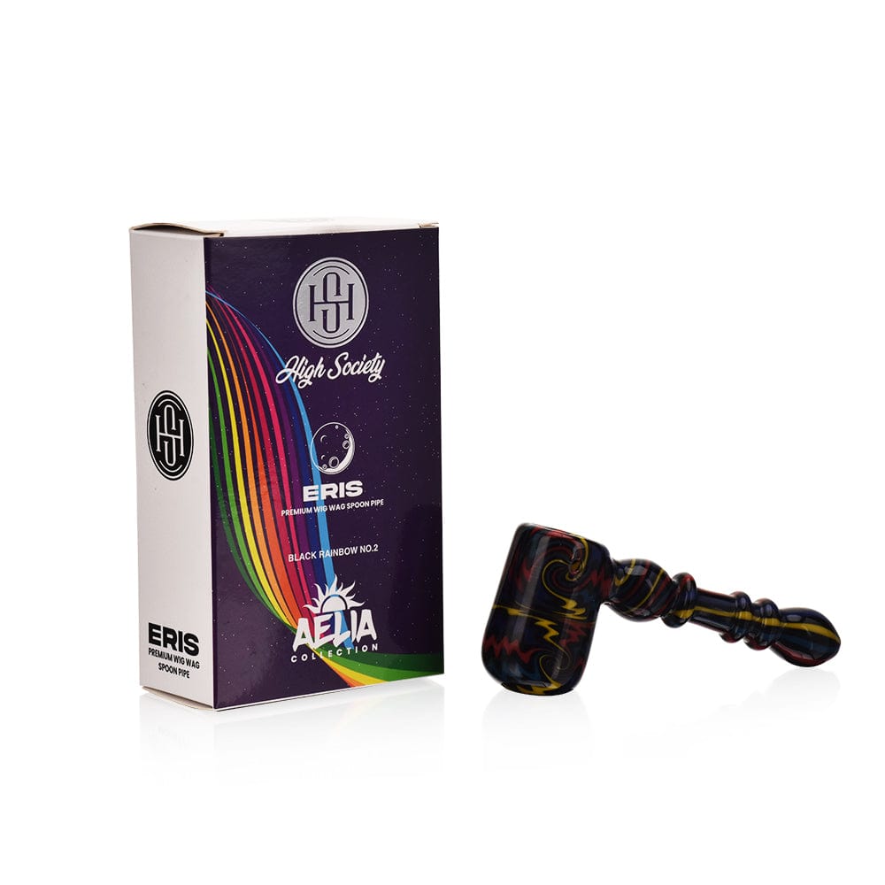 A studio shot of the High Society  Eris Premium Wig Wag Bubbler (Rainbow V2) with vibrant rainbow coloring, shown at a slight angle.
