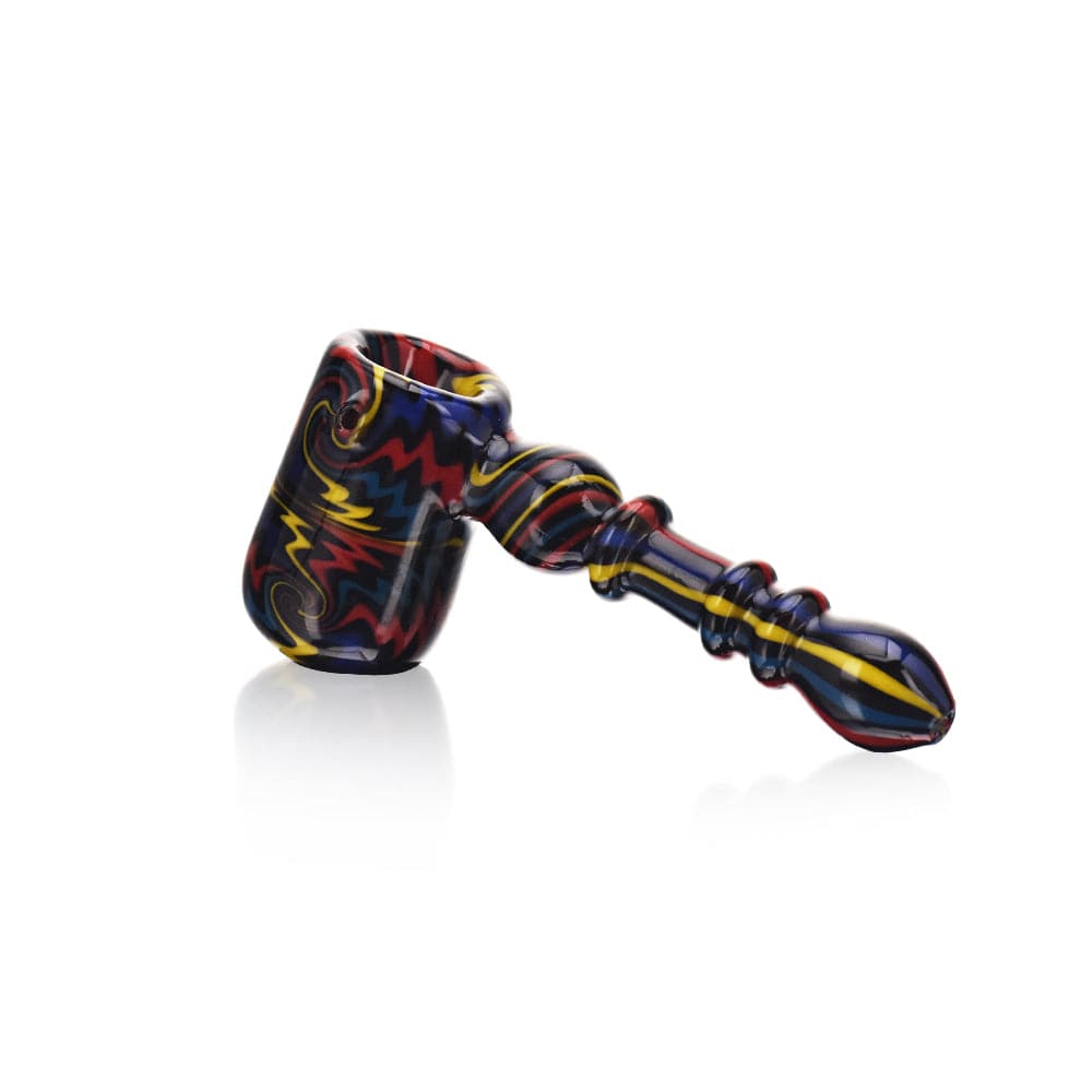 A three-quarter view of the High Society  Eris Premium Wig Wag Bubbler (Rainbow V2), showing the colorful glass piece against a white backdrop.