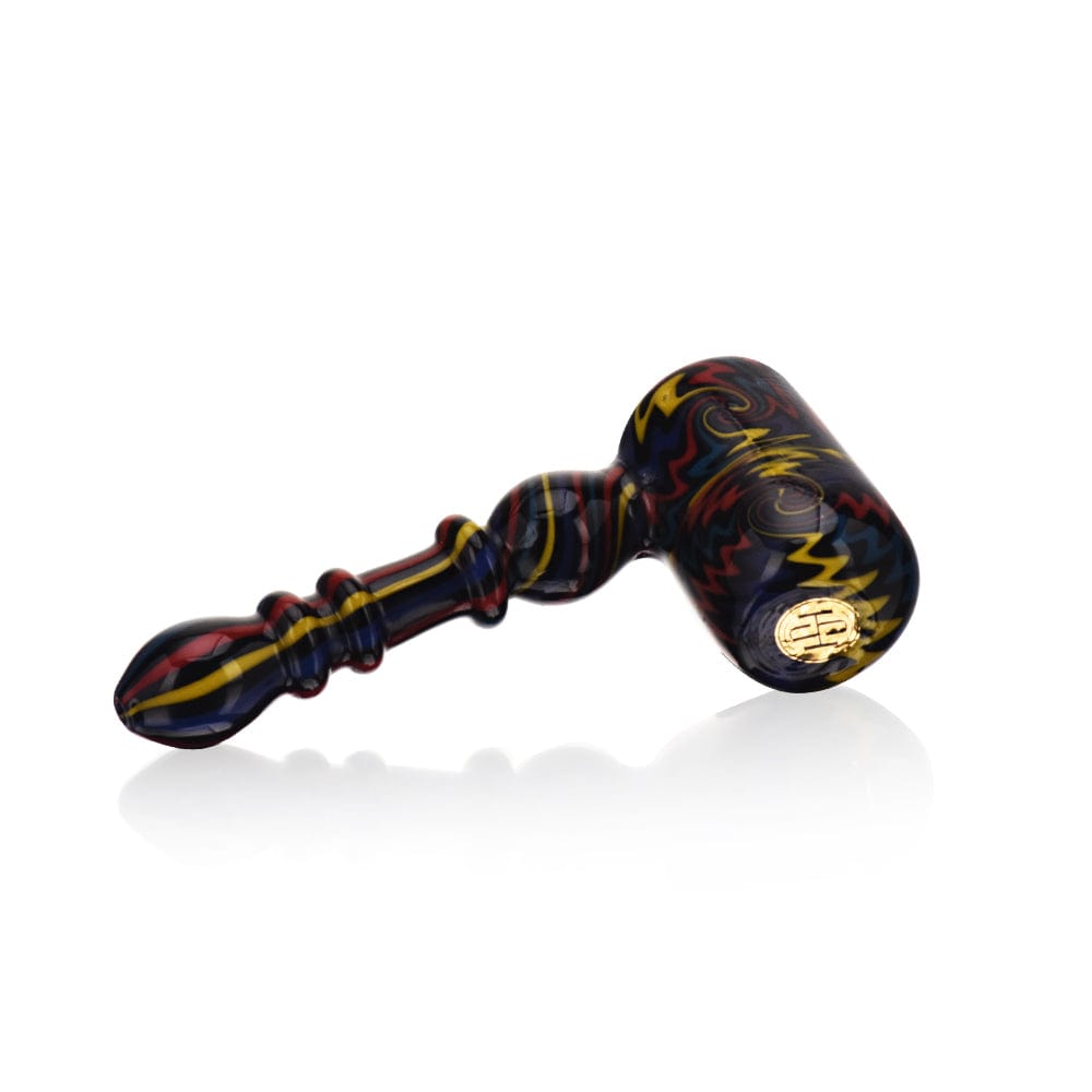 A studio shot of the High Society  Eris Premium Wig Wag Bubbler (Rainbow V2) with a colorful, swirling glass design and a slight angled view.