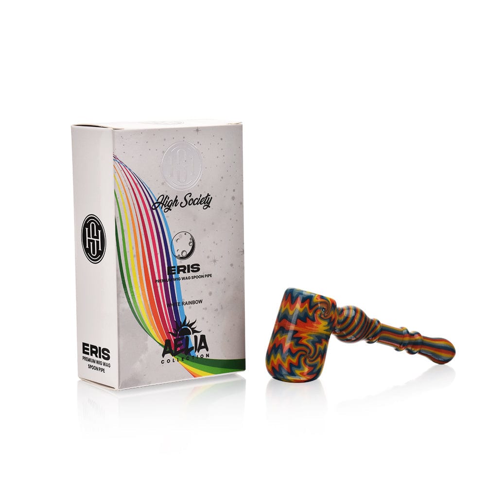 A detailed close-up of the High Society  Eris Premium Wig Wag Bubbler, showcasing its white rainbow coloration and intricate glasswork.