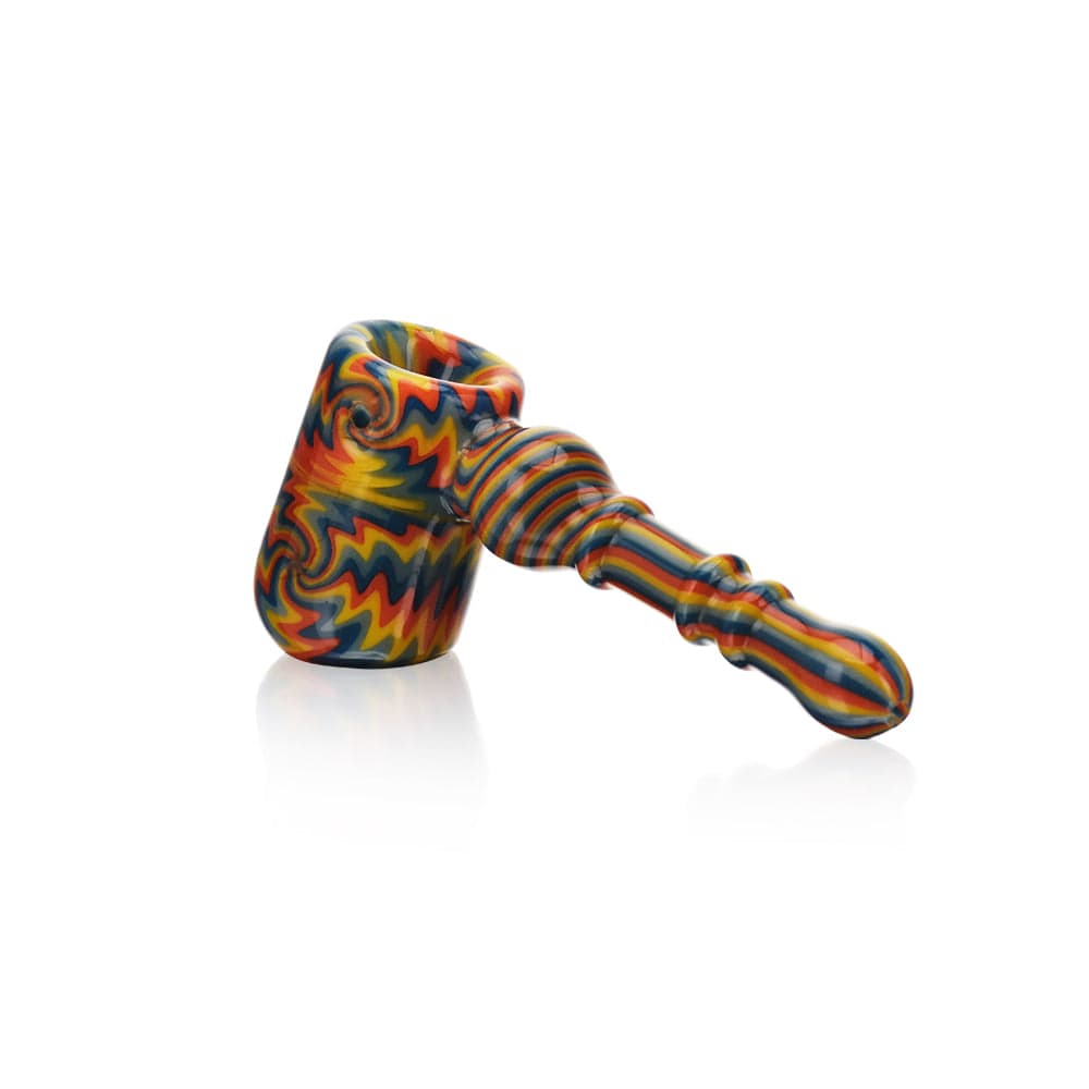 A three-quarter view of the High Society  Eris Premium Wig Wag Bubbler (White Rainbow) with vibrant, swirling colors and a glossy finish.