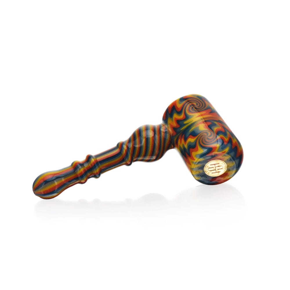 A three-quarter view of the High Society  Eris Premium Wig Wag Bubbler (White Rainbow) with colorful swirls in the glass.