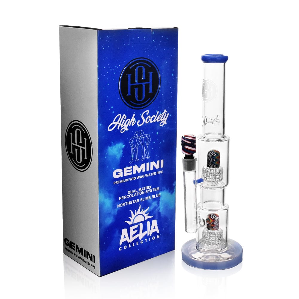 A studio shot of the High Society  Gemini Premium Wig Wag Waterpipe in blue glass, angled to show its unique, curved design.
