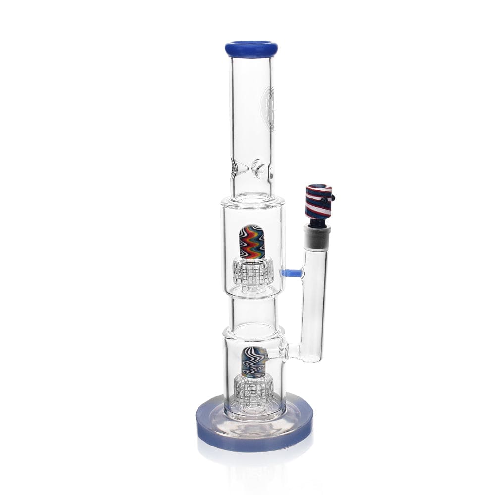 Front view of the High Society  Gemini Premium Wig Wag Waterpipe (Blue), showcasing its clear glass construction and unique wavy design.