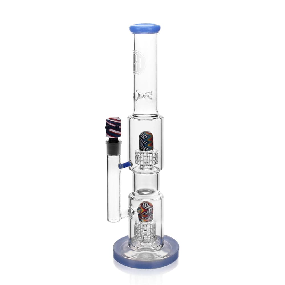 Front view of the High Society  Gemini Premium Wig Wag Waterpipe (Blue) with a blue base and patterned glass chamber.