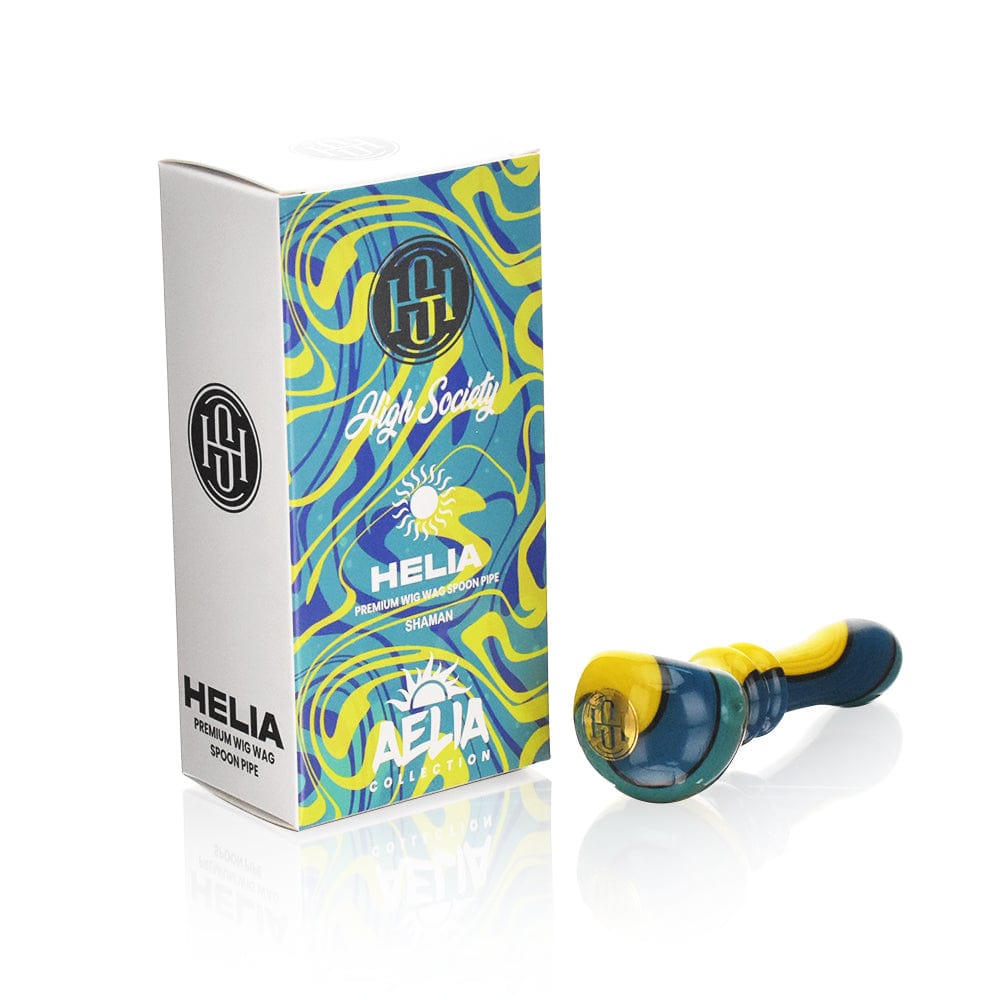 Front view of the High Society  Helia Premium Wig Wag Spoon (Shaman) with colorful patterned details on a white background.