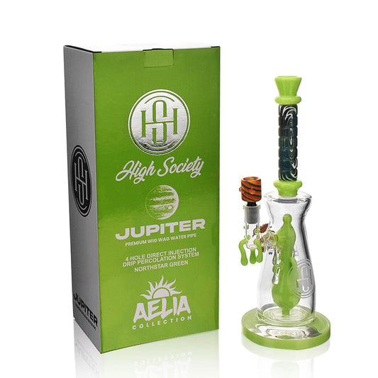 A detailed front view of the High Society  Jupiter Premium Wig Wag Waterpipe in slime green, displaying its intricate glasswork.