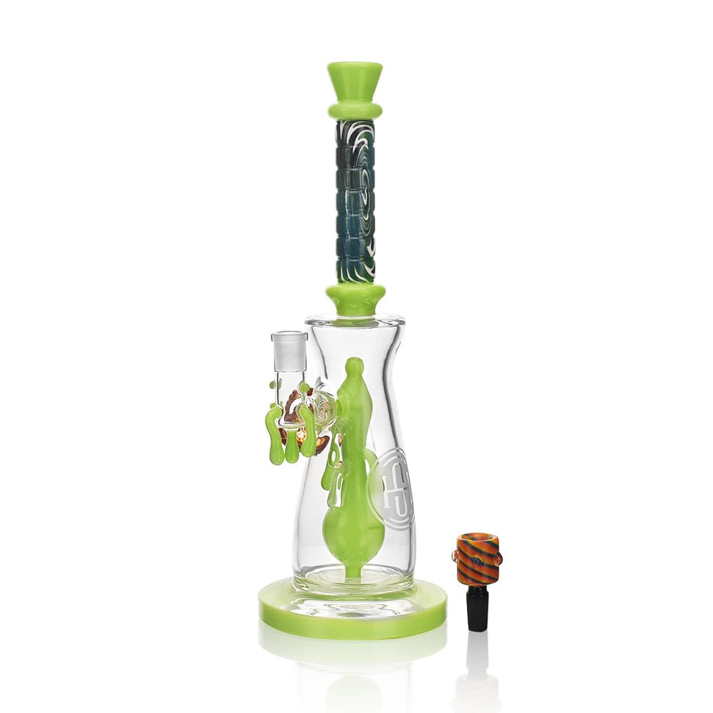A studio shot presents the High Society  Jupiter Premium Wig Wag Waterpipe (Slime Green) from a slight upward angle, highlighting its green glass construction.
