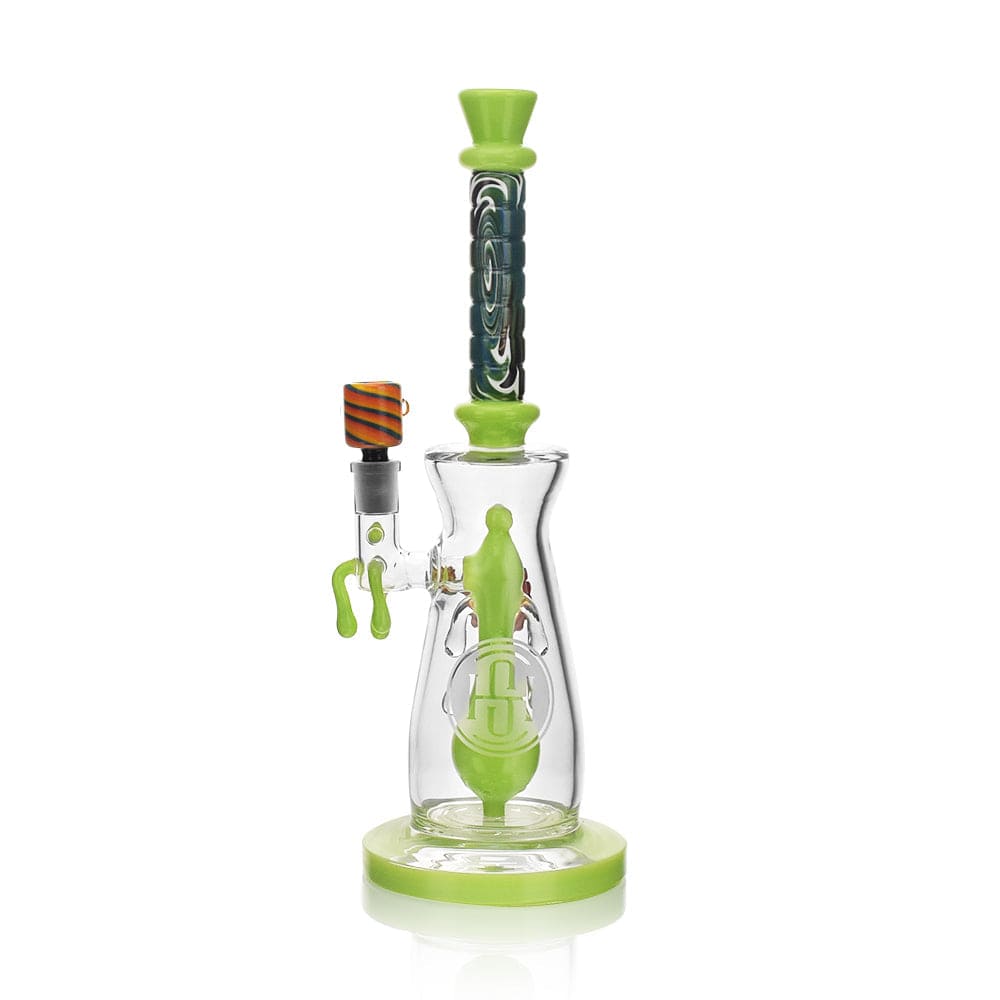Front view of the High Society  Jupiter Premium Wig Wag Waterpipe (Slime Green) with a green accent and clear glass body.