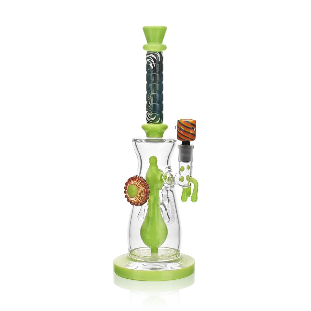 A three-quarter view of the High Society  Jupiter Premium Wig Wag Waterpipe (Slime Green) featuring a curved neck and a wide, stable base.