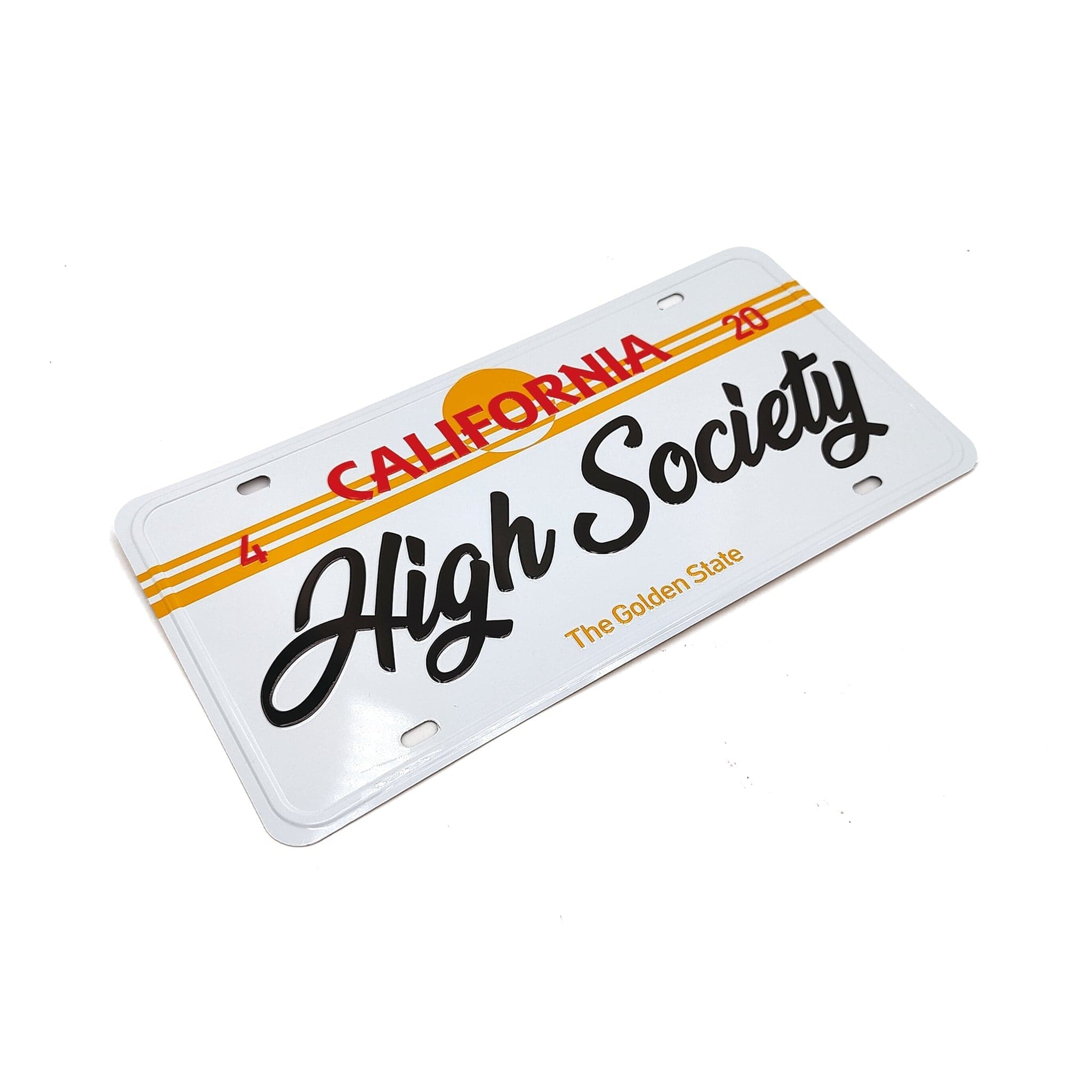 A slightly angled close-up of the Limited Edition Collectors Car Plate by High Society, featuring a vintage California design.