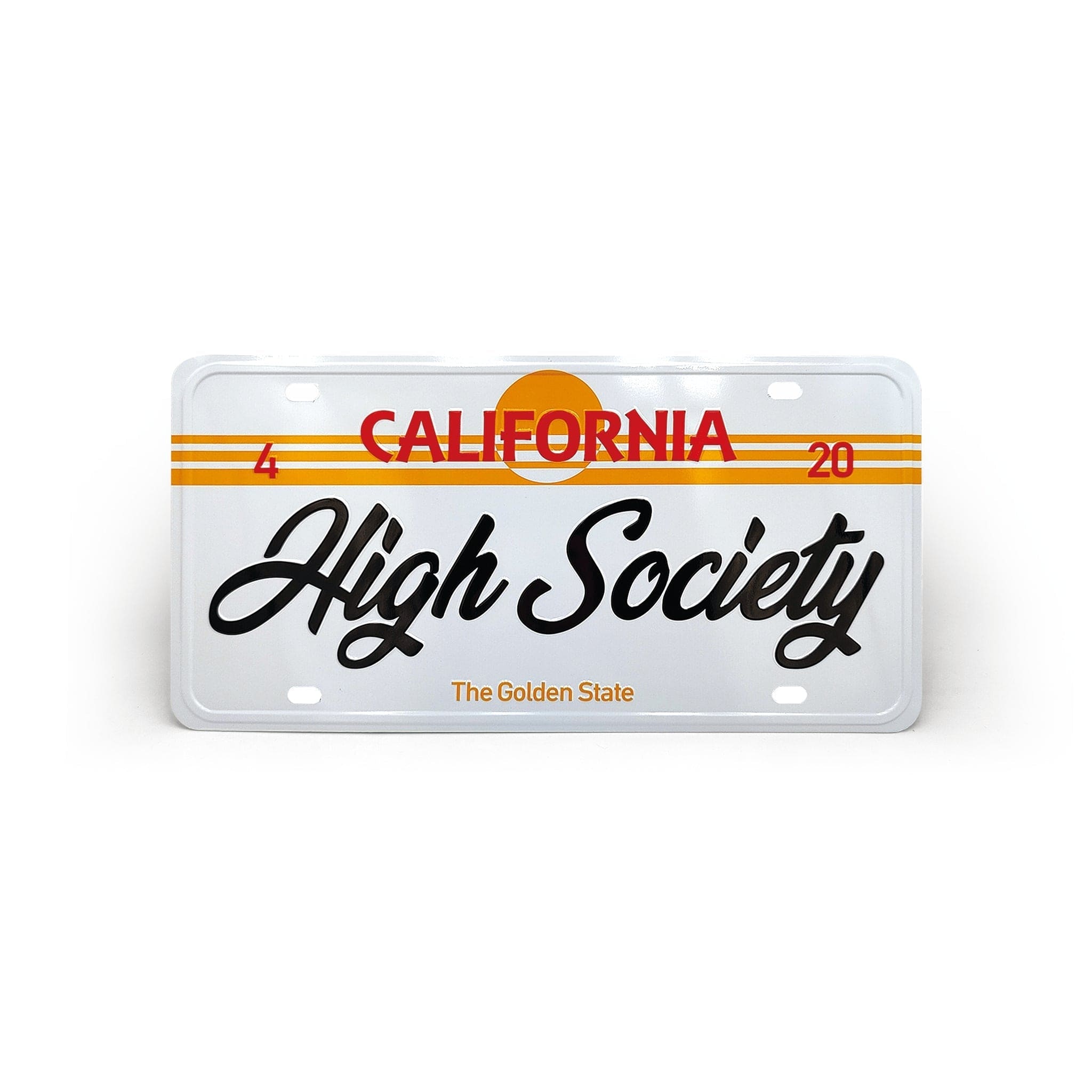 A straight-on view of the Limited Edition Collectors Car Plate by High Society, featuring a bold design on a metallic surface.