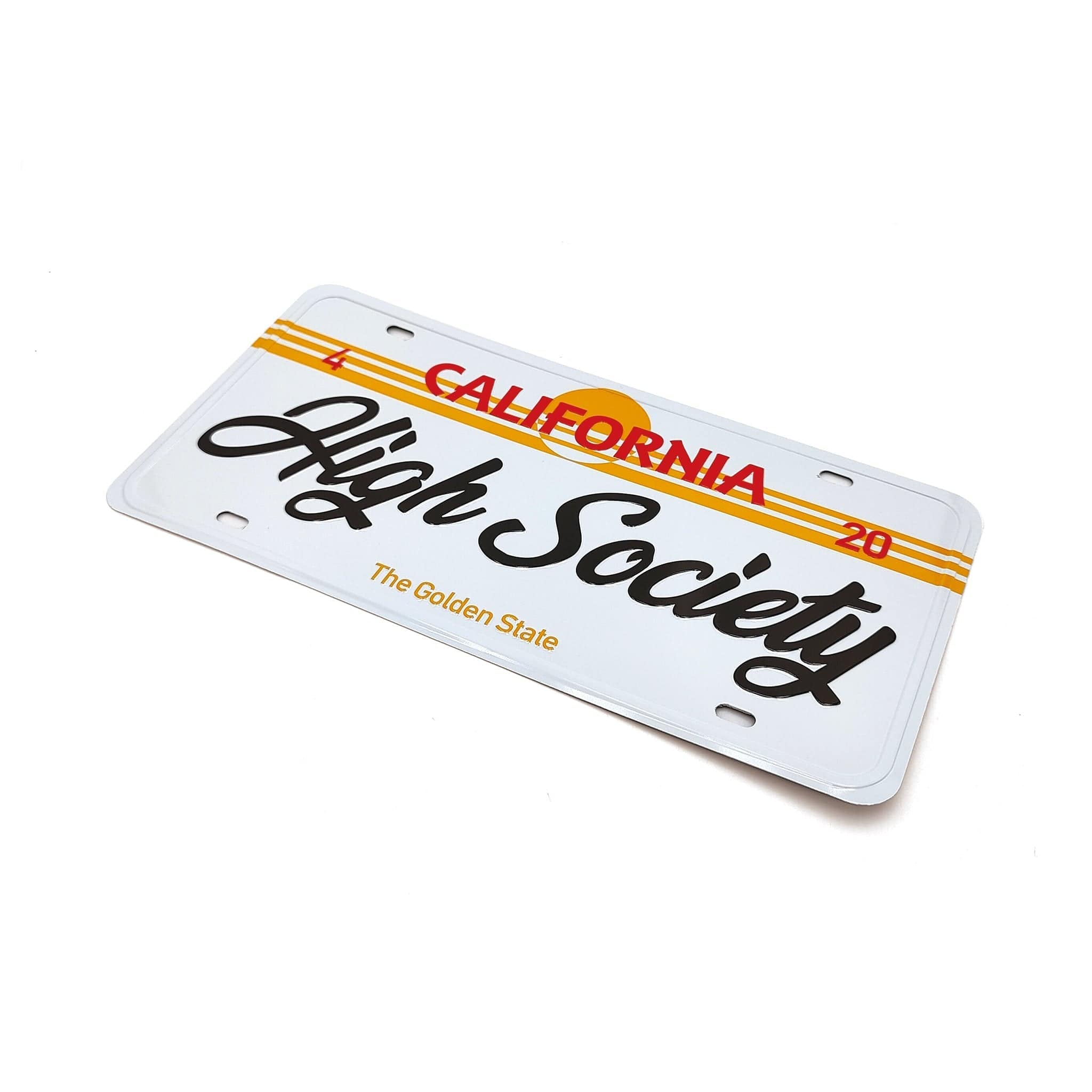 A close-up of the Limited Edition Collectors Car Plate by High Society, displaying a metallic finish and California state detailing.