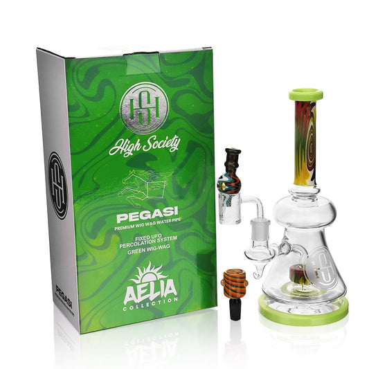 A studio shot of the green High Society  Pegasi Premium Wig Wag Hybrid Pipe, angled to show its unique curved design and clear glass accents.