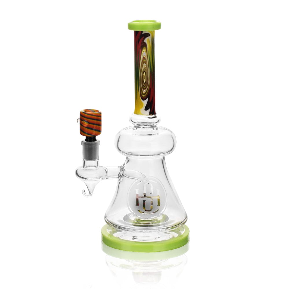 A three-quarter view of the High Society  Pegasi Premium Wig Wag Hybrid Pipe (Green) with a clear glass body and green base.