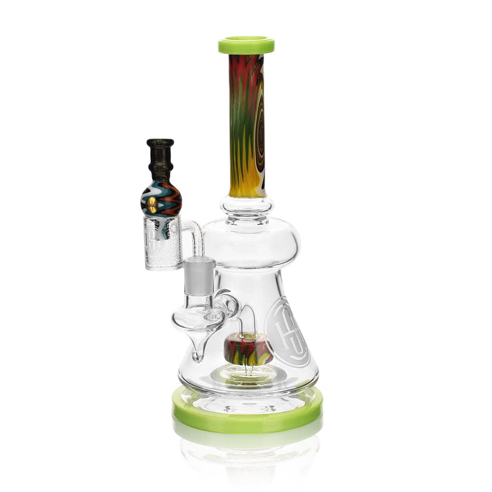 A three-quarter view of the High Society  Pegasi Premium Wig Wag Hybrid Pipe (Green) with a vibrant green base and detailed glasswork.