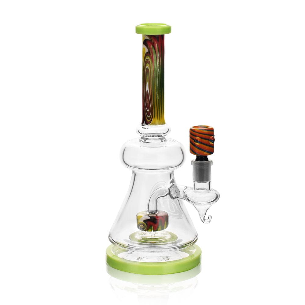 A studio shot of the High Society  Pegasi Premium Wig Wag Hybrid Pipe (Green) with a green base and a patterned joint visible in the front.
