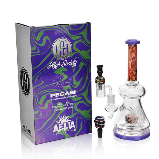 A studio shot of the High Society - Pegasi Premium Wig Wag Hybrid Pipe in purple, angled to showcase its unique design and clear glass construction.