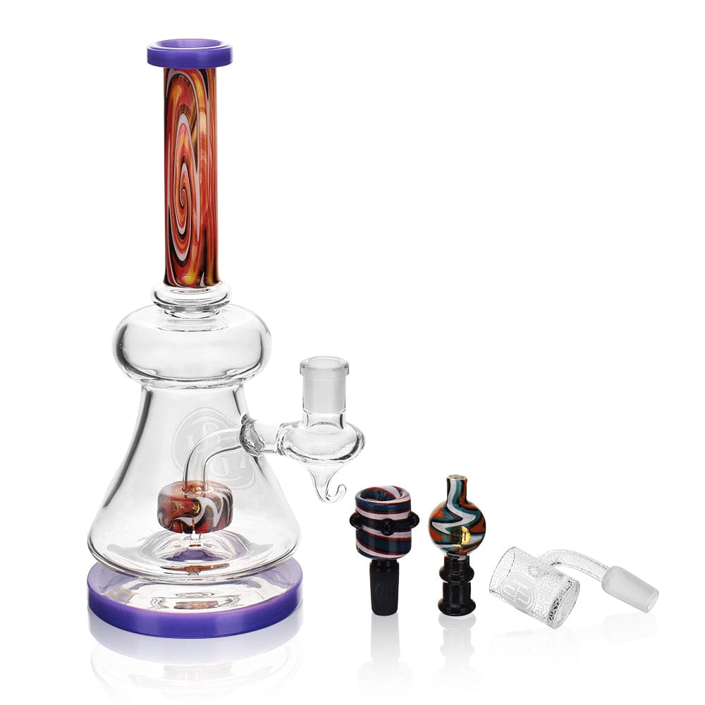 A three-quarter view of the High Society - Pegasi Premium Wig Wag Hybrid Pipe (Purple) on a reflective surface, highlighting its curved design.