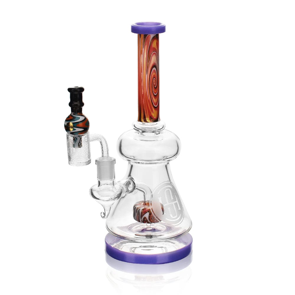 A studio shot of the High Society - Pegasi Premium Wig Wag Hybrid Pipe (Purple), angled to showcase its clear glass body and purple accent base.