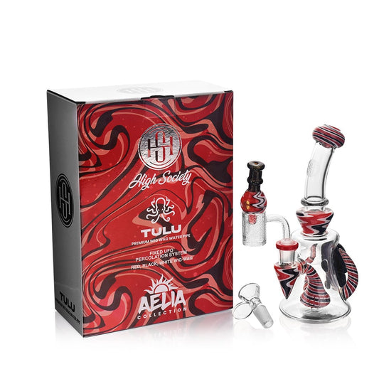 A detailed close-up of the High Society - Tulu Premium Wig Wag Concentrate Rig in red and black, showcasing its curved design and glass construction.