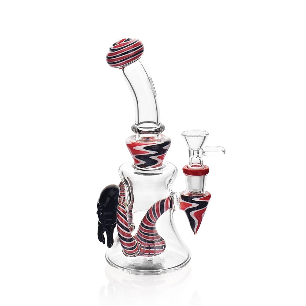 A three-quarter view of the High Society - Tulu Premium Wig Wag Concentrate Rig (Red & Black) with red and black accents, highlighting its compact size and curved design.