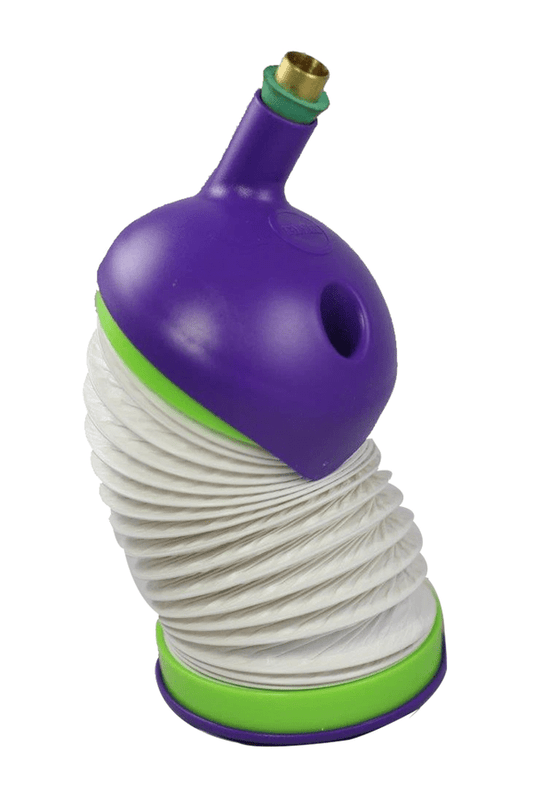 Front view of the Bukket Waterless Gravity Lung Kit, a purple and green device with a ribbed texture against a plain white background.
