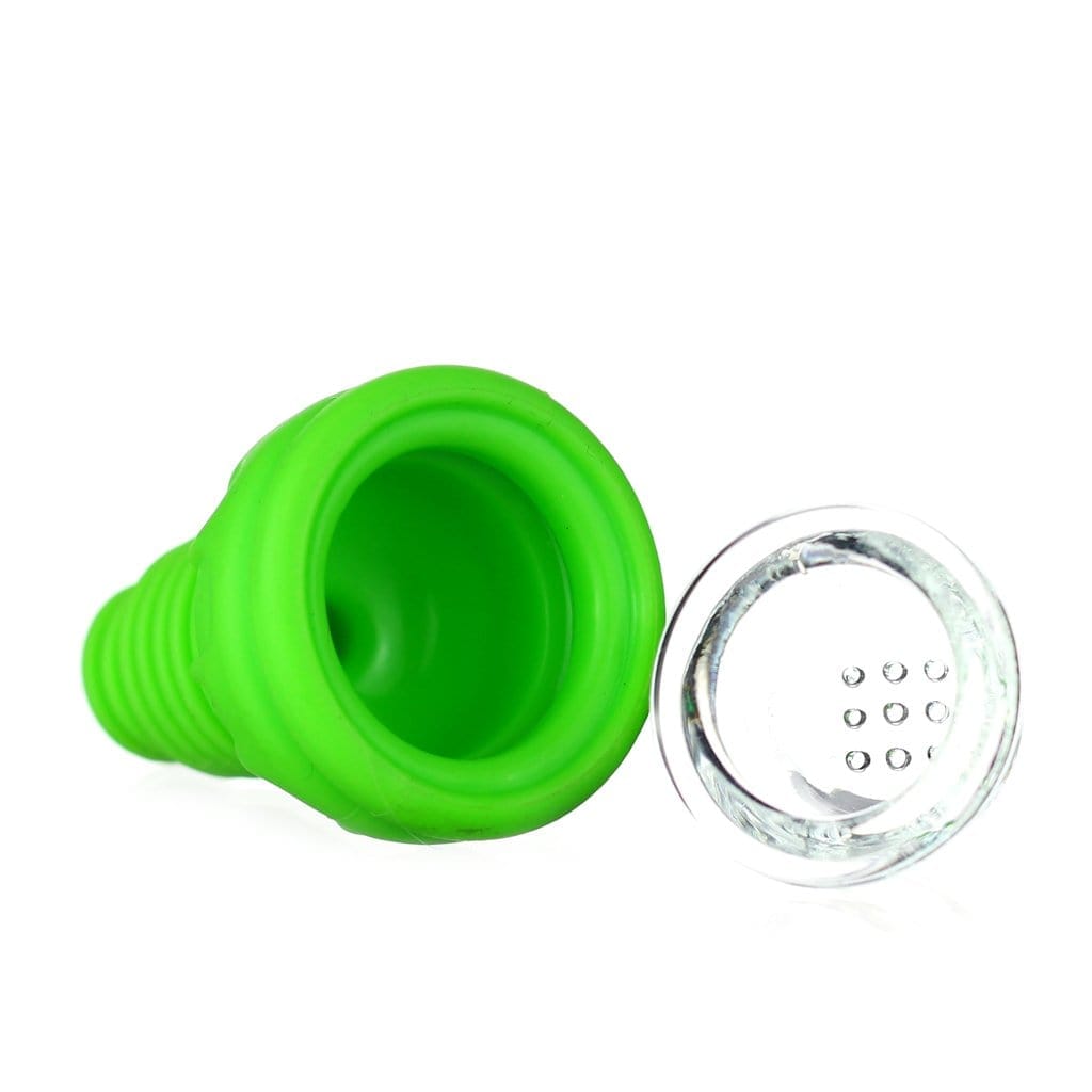 A close-up, angled view of The Unibowl Silicone Bowl, showcasing its vibrant green color and bowl shape.