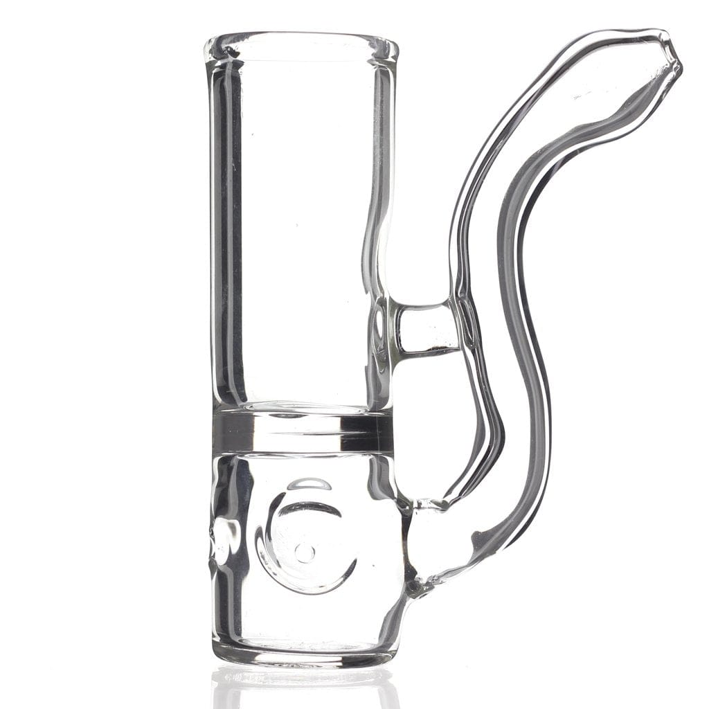 A studio shot of the Shot Glass Pipe, displaying its clear glass construction and simple, cylindrical shape.