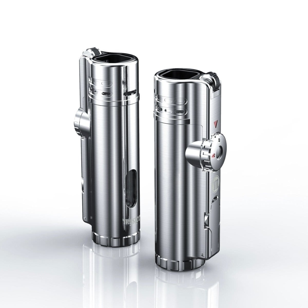 A sleek, silver Myster SABR Torch Lighter is displayed in a studio shot, reflecting on a polished surface.
