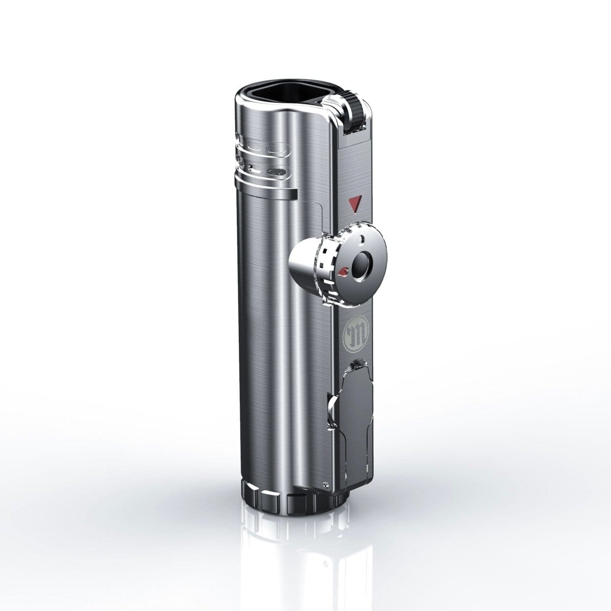 A side view of the Myster SABR Torch Lighter with a sleek silver finish, reflecting against a plain white background.
