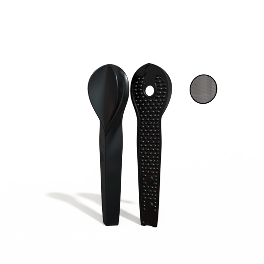 A side view of the KØL Mini 2.0 Titanium Travel Utensil Set, showing the sleek, dark metal utensils on a neutral background.