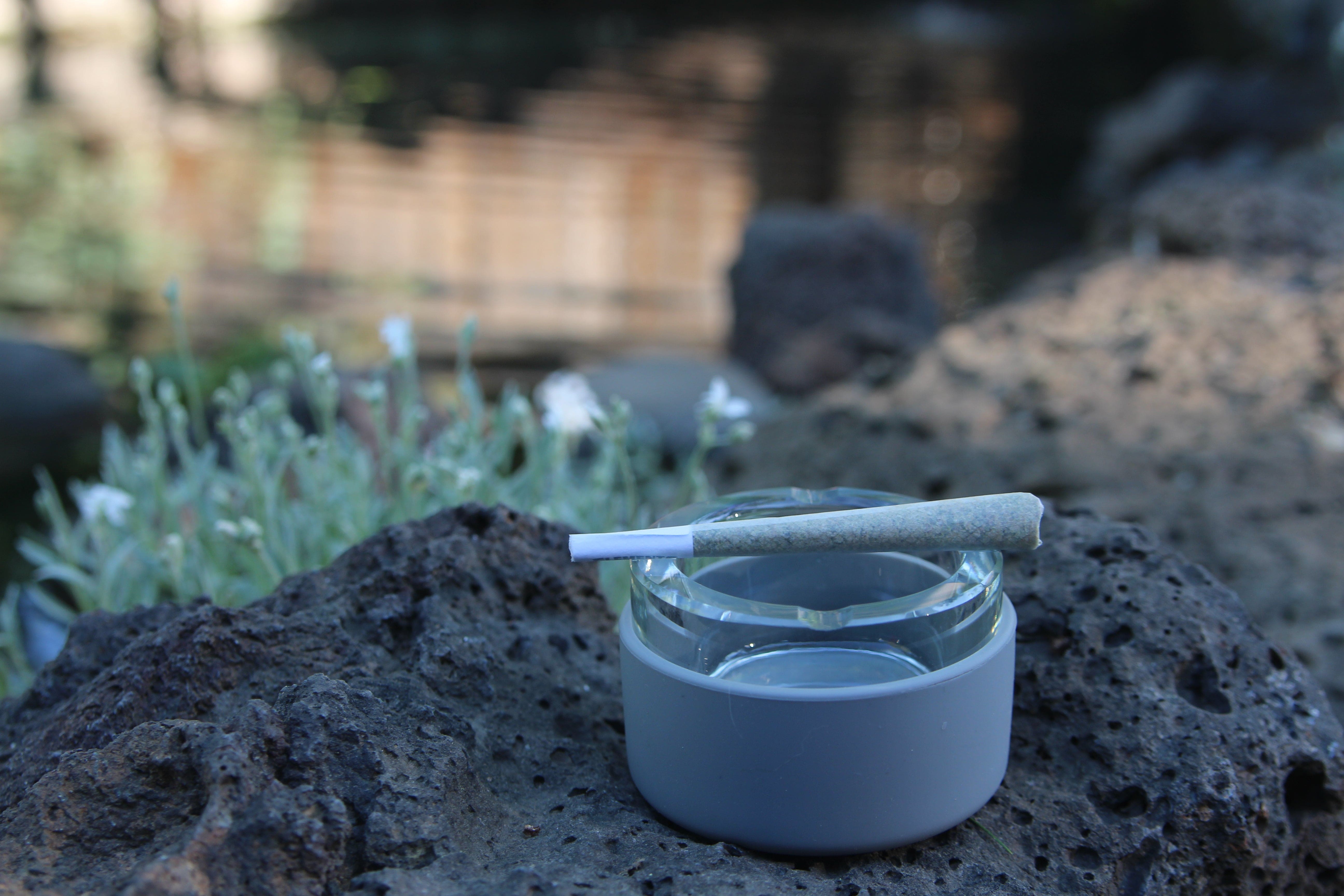 An Ashtray sits on a rough, dark surface with a lit joint resting inside, softly lit from above.