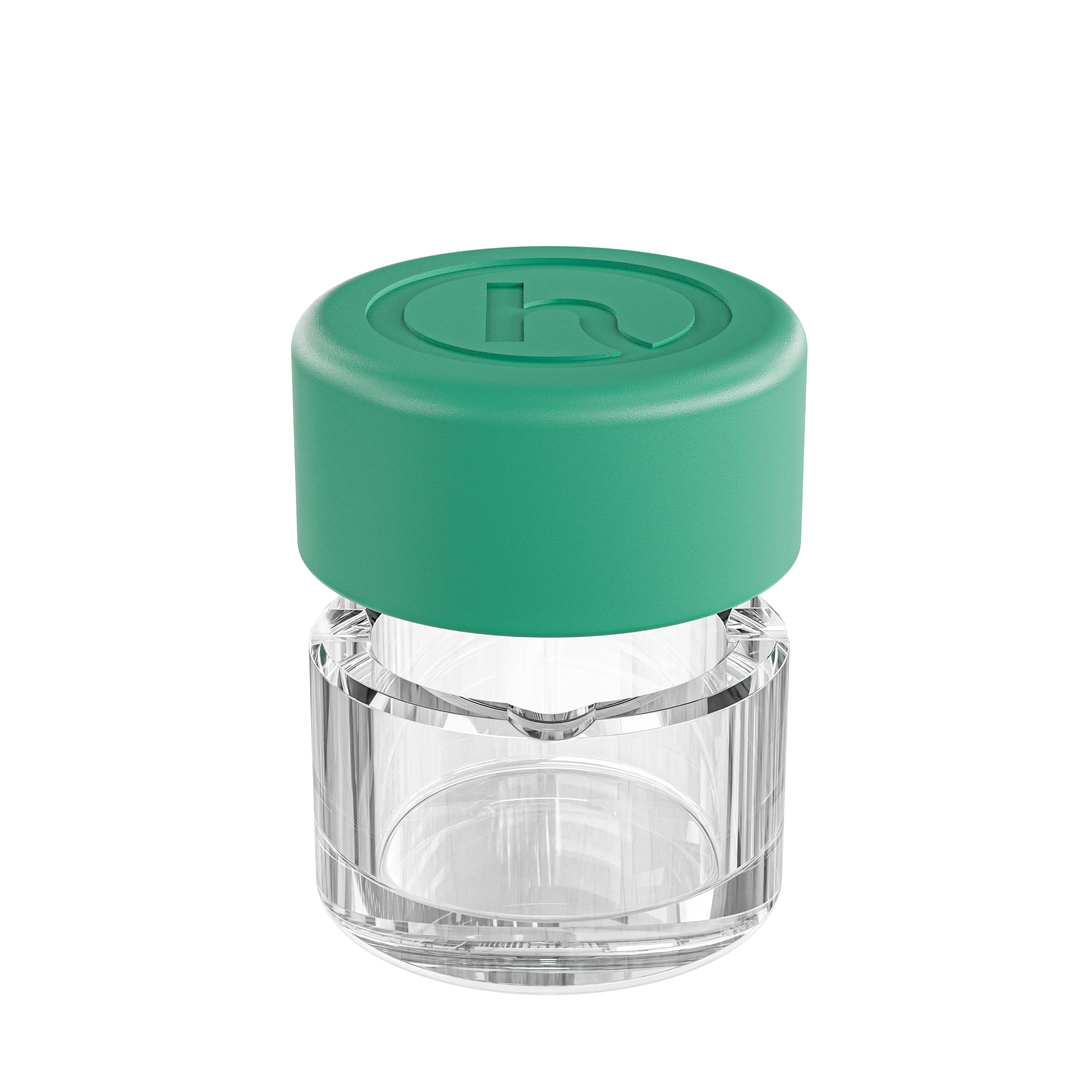 Front view of the Ashtray, a simple, clear glass container with a rounded shape and smooth finish.
