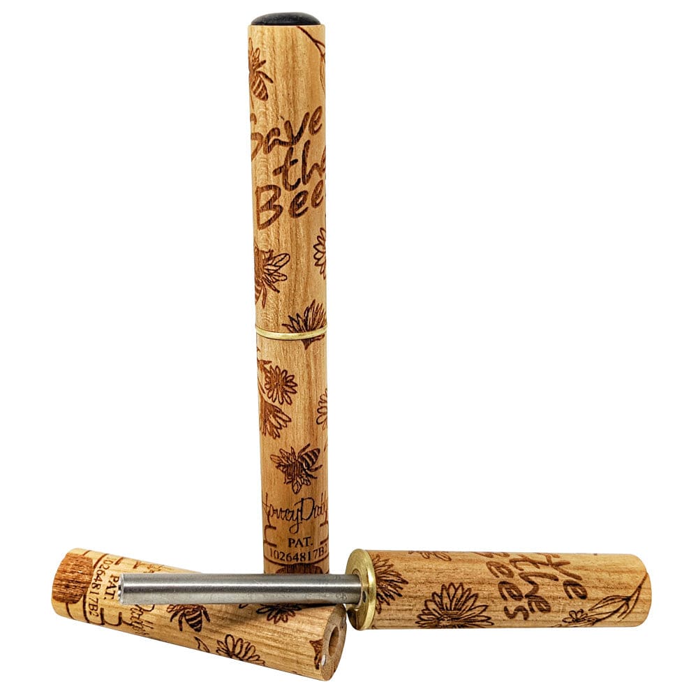 Front view of the Honey Dabber II Cherry Wood Dab Straw, showing its cylindrical shape and woodgrain texture.