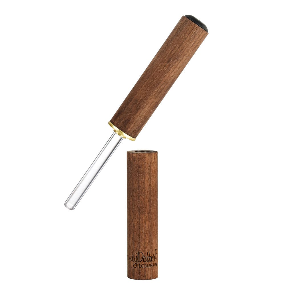 A diagonally angled view of the Honey Labs HoneyDabber II Black Walnut Vapor Straw, showing its wood casing and metal tip.