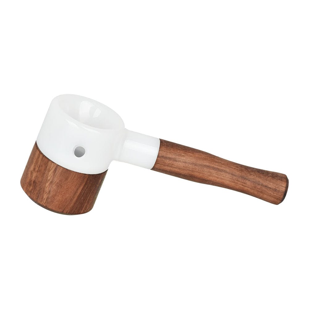 A side view of the 4-inch Honey Labs AfterSwarm Spoon Pipe, featuring a wooden accent and simple, curved design.