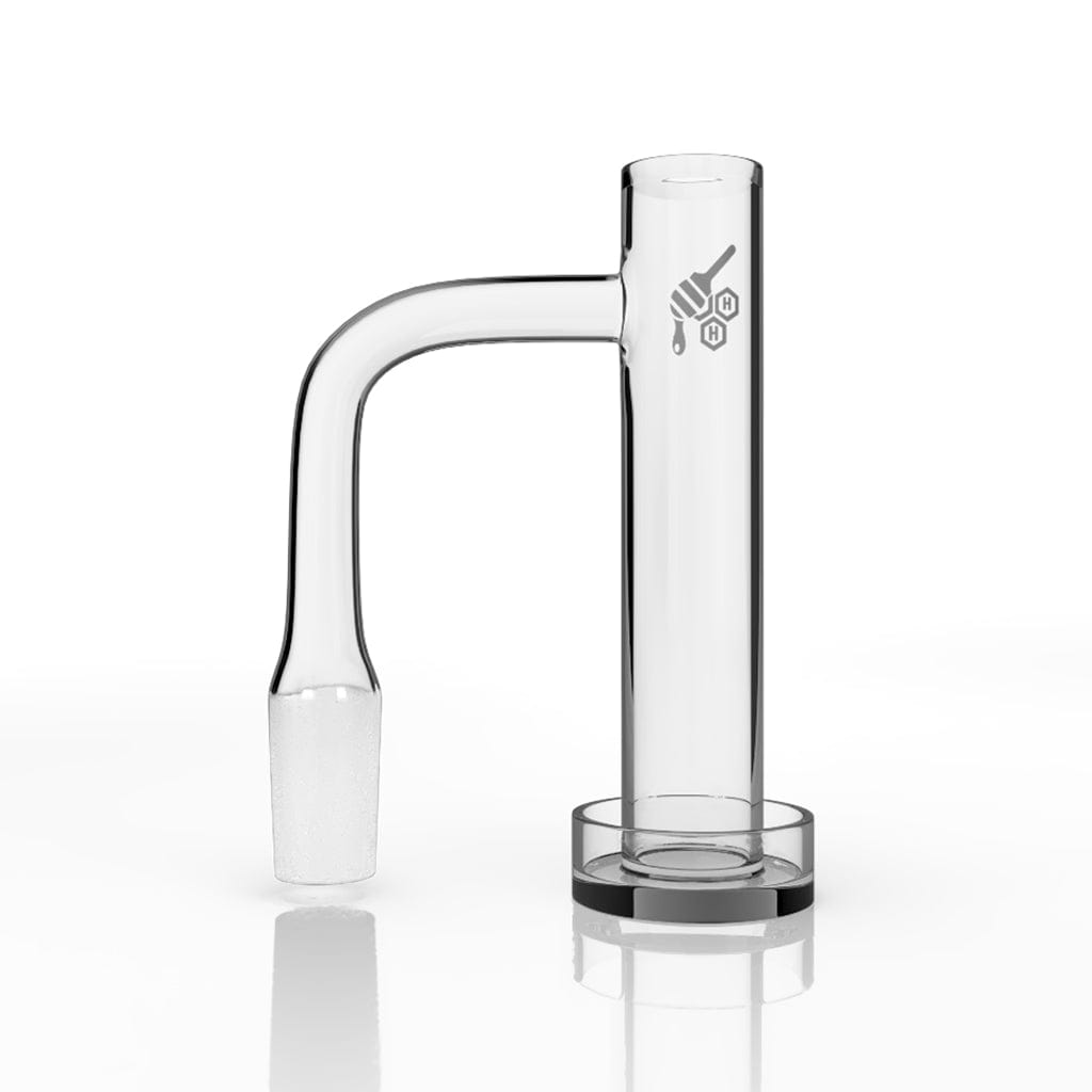 A studio shot of the HONEY TOWER QUARTZ BANGER - 90° DEGREE, displaying its angled quartz construction and reflective surface.