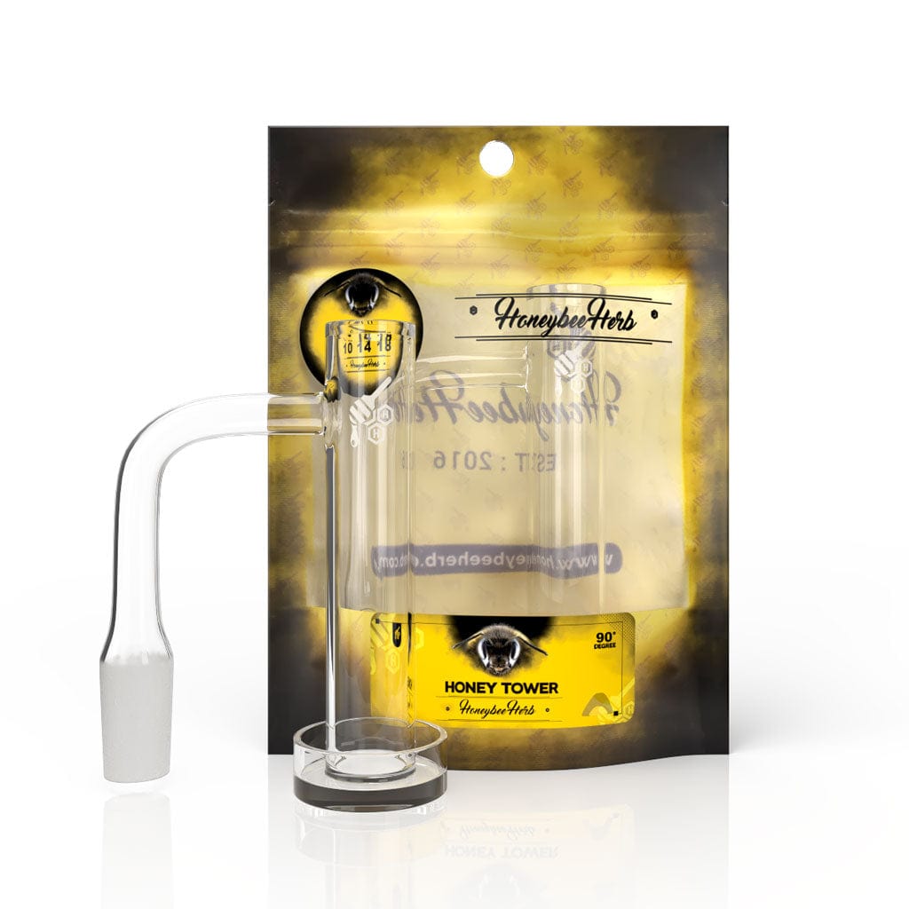 A close-up, angled view of the HONEY TOWER QUARTZ BANGER - 90° DEGREE, showing its clear quartz construction and angled joint.