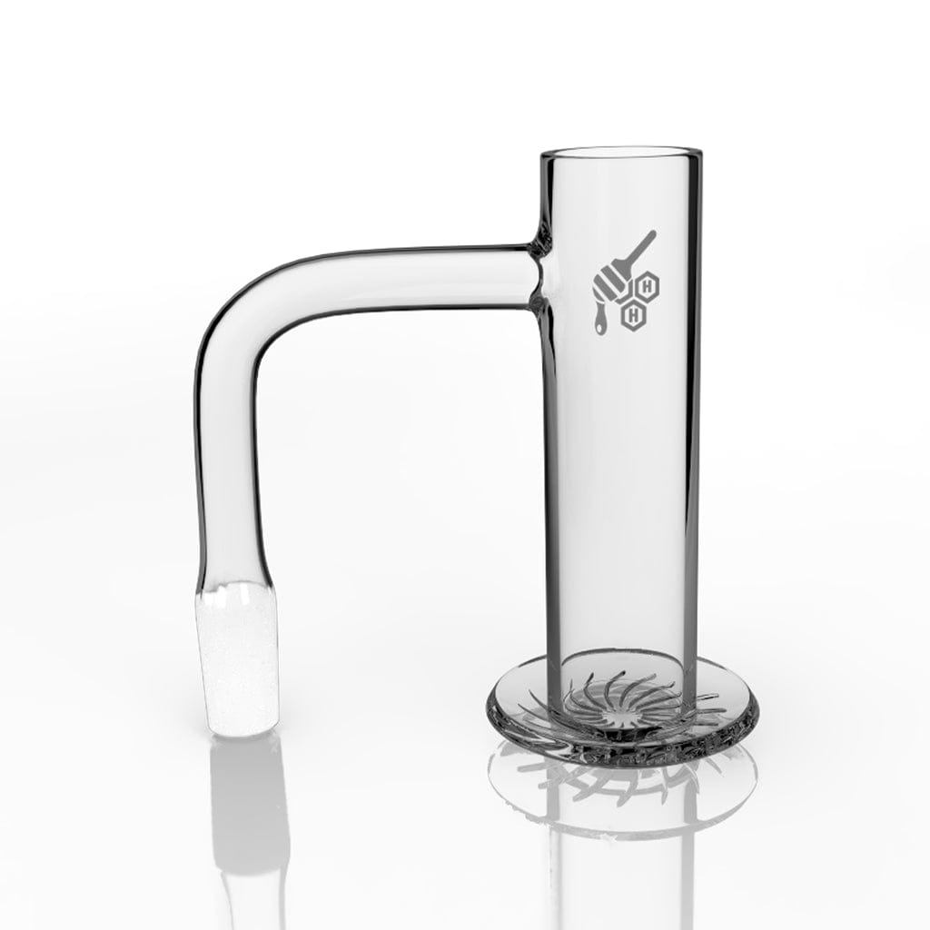 A three-quarter view of the LONG NECK BEEHIVE QUARTZ BANGER – 90° DEGREE  YL, showcasing its clear quartz construction and angled joint.