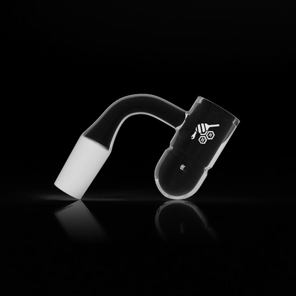 A studio shot displays the SPLASH BUCKET WHIRLWIND QUARTZ BANGER, a 90-degree banger with a reflective surface and clean lines.