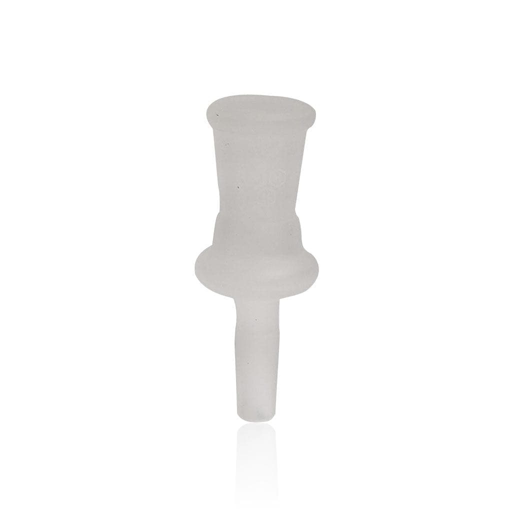 Front view of the Honeybee Herb Glass Converter Adapter, a clear glass component with a simple cylindrical shape.