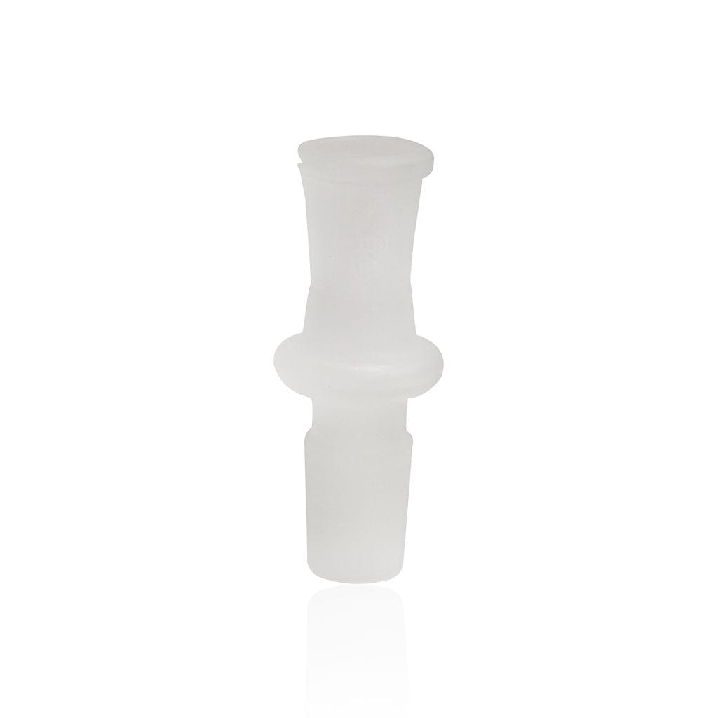 A close-up, angled view of the Honeybee Herb Glass Converter Adapter, showcasing its clear glass construction and simple form.