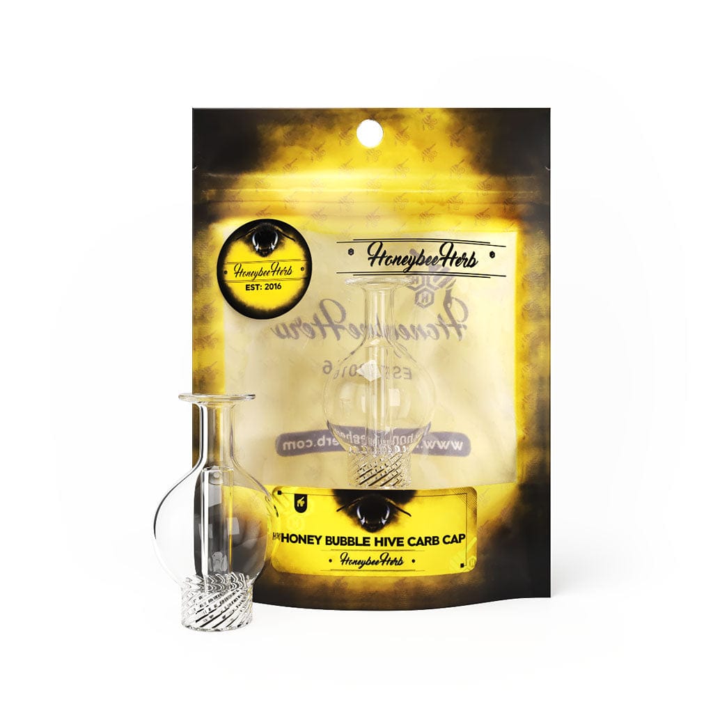 A slightly angled, close-up view of the HONEY HIVE BUBBLE CARB CAP with visible branding, set against a dark background.