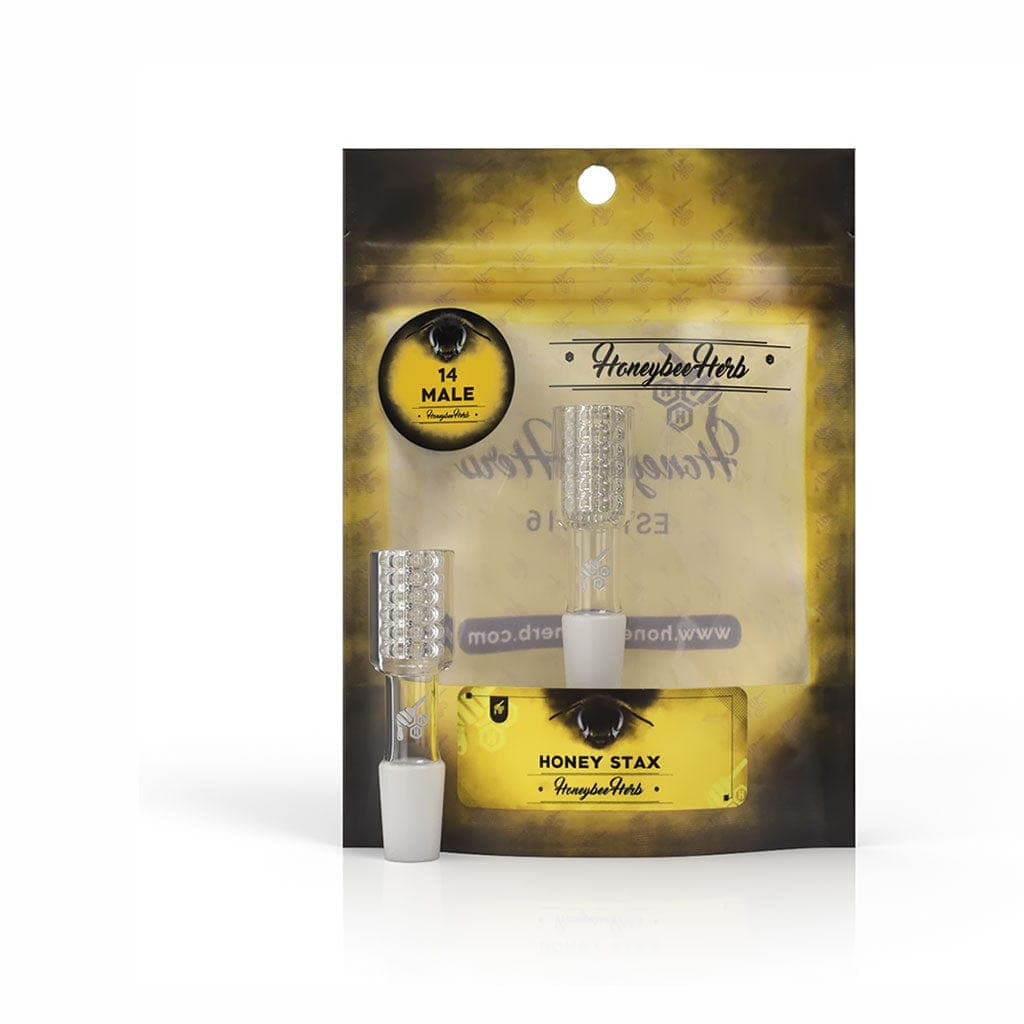 A close-up of the Honeybee Herb Honey Stax Dab Nail against a black backdrop, showing its polished surface and compact size.