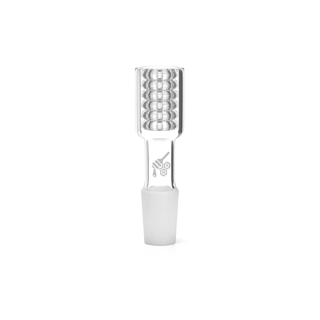 A close-up studio shot of the Honeybee Herb Honey Stax Dab Nail, featuring a sleek, silver metallic design.