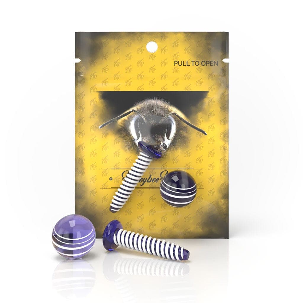 The Honeybee Herb Dab Screw Set is shown in a close-up, front view against a patterned gold background.